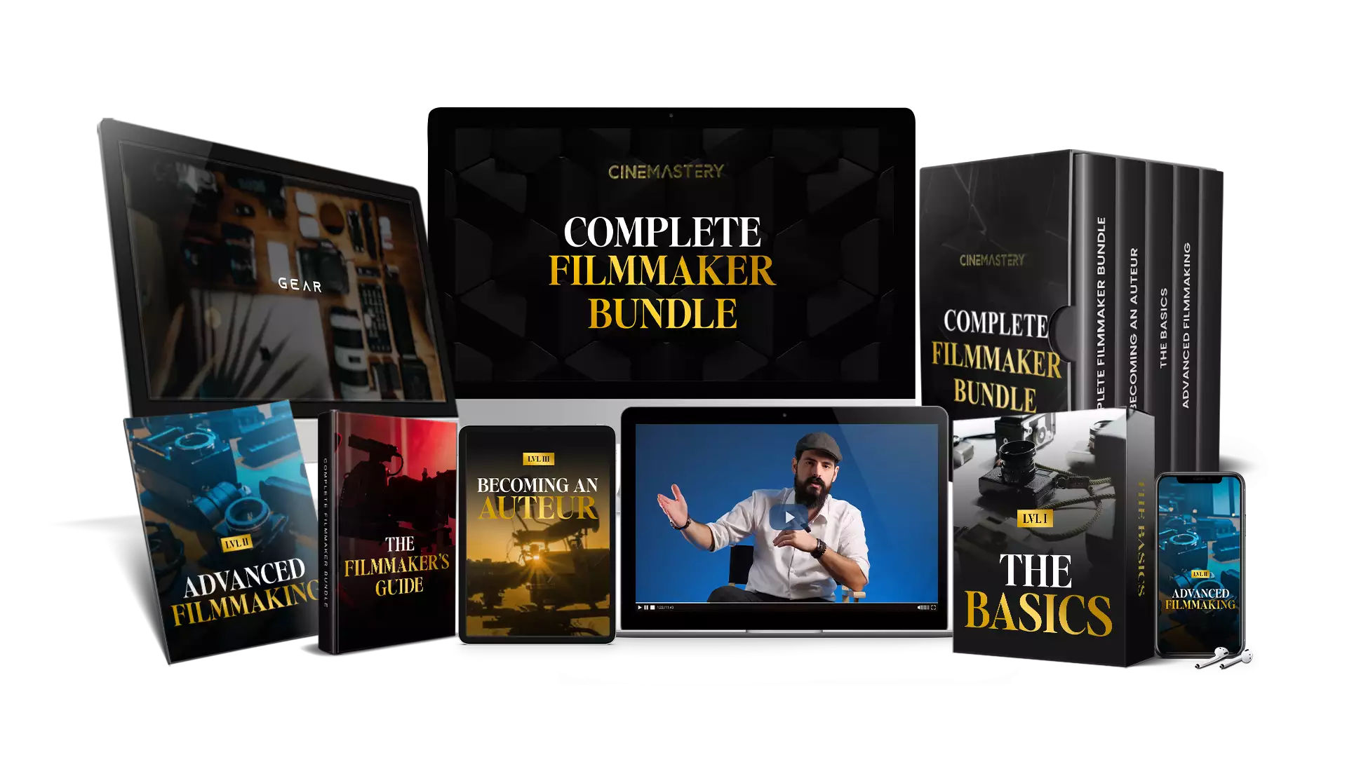 The Complete Filmmaker Bundle, showing the Basics, Advanced Filmmaking, Becoming an Auteur and The Filmmaker’s Guide